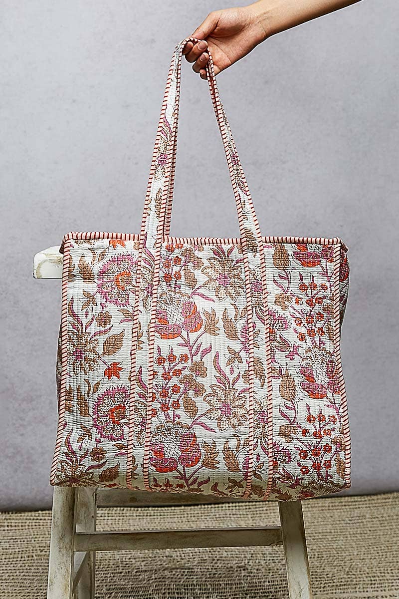 Quilted Striped Ivory Tote Bag