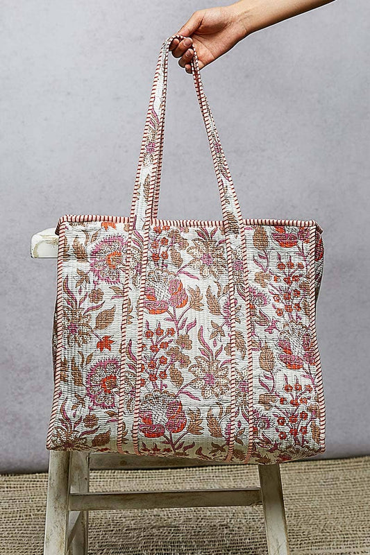 Quilted Striped Ivory Tote Bag
