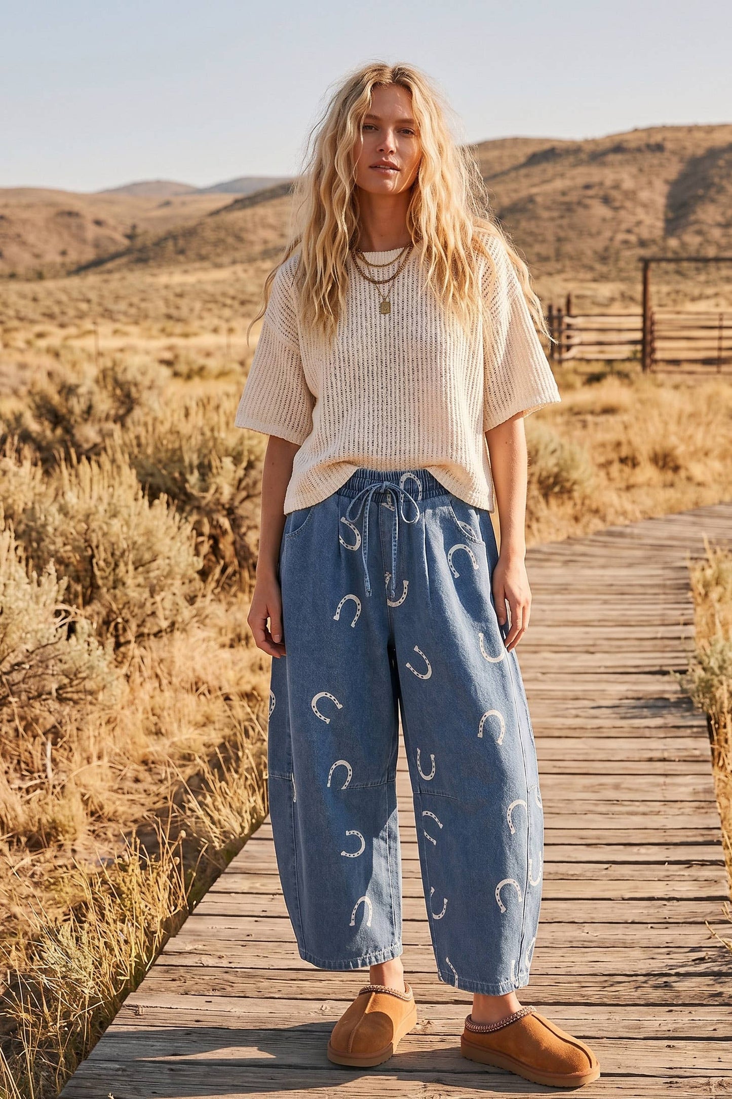Horseshoe Print Denim Barrel Pants