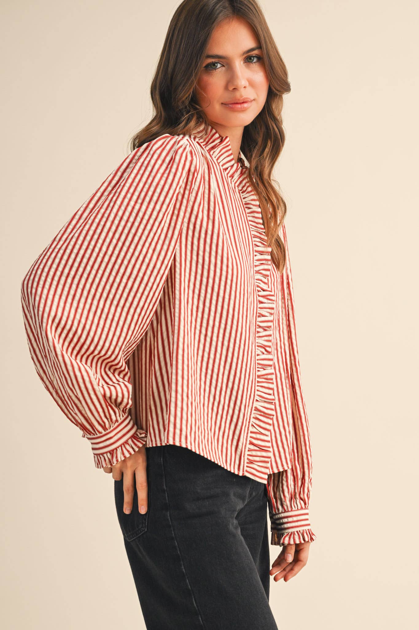 Ruffle Striped Long Sleeve Top
