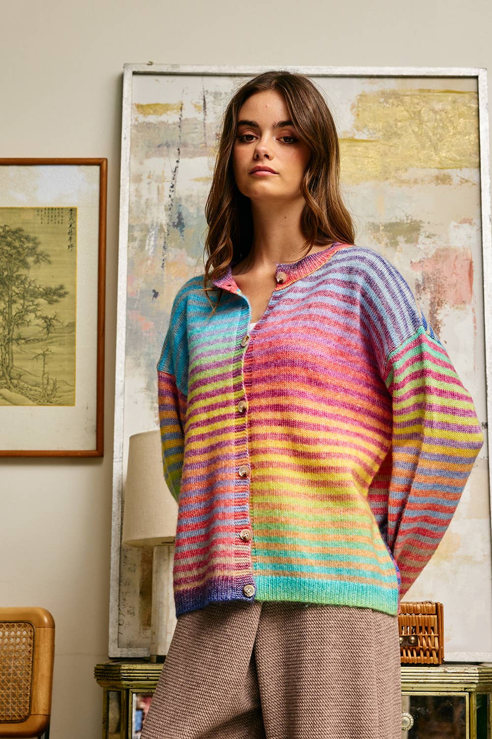 Space-Dye Striped Button-Down Cardigan