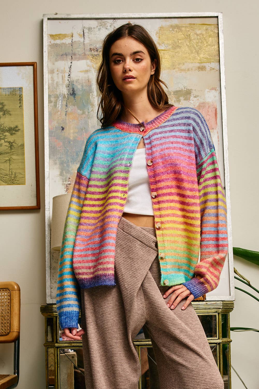 Space-Dye Striped Button-Down Cardigan