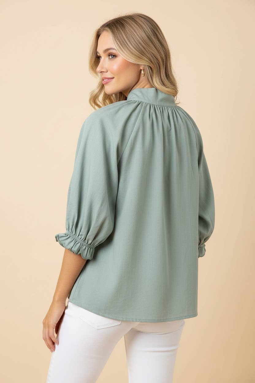 Scalloped Trim Puff Sleeve Split Neck Blouse