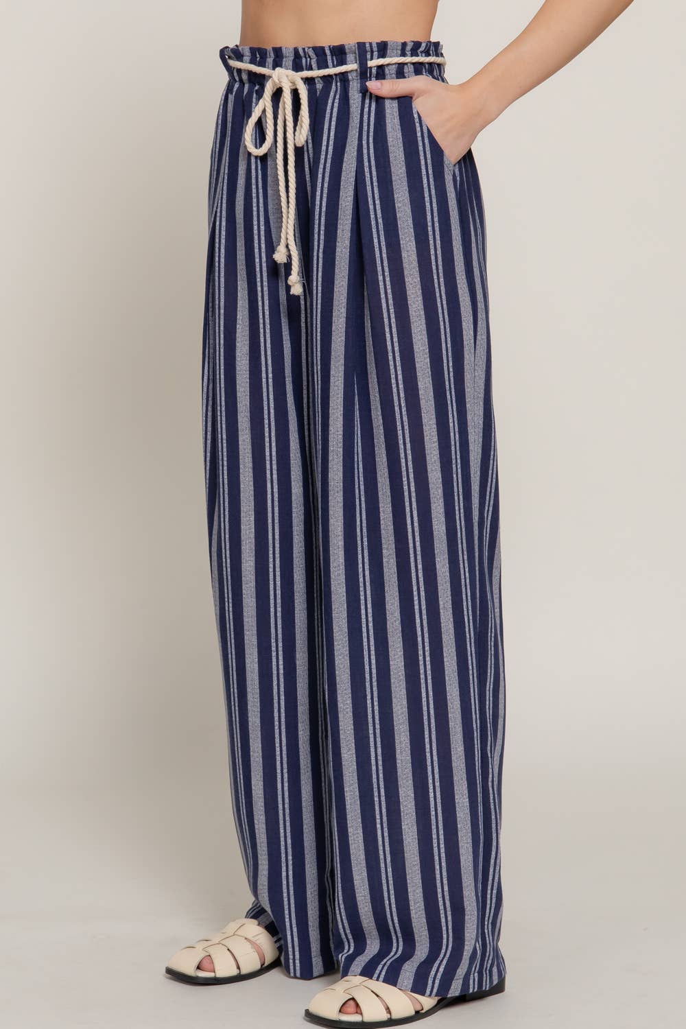 Robe Belt Stripe Print Linen Effect Pants