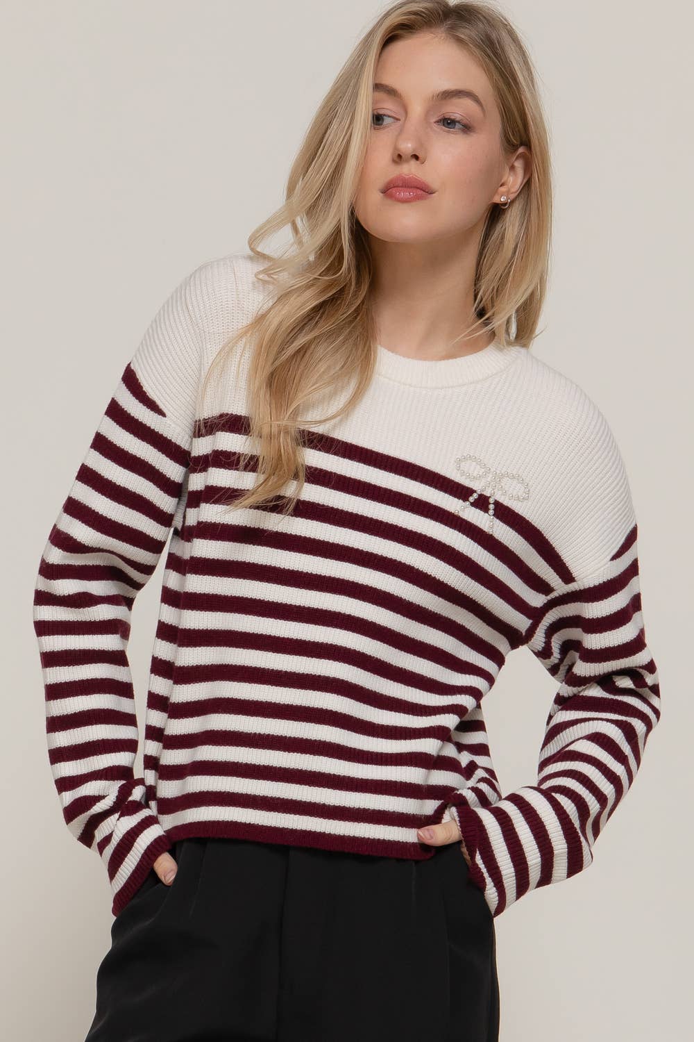 Pearl Bow Striped Sweater