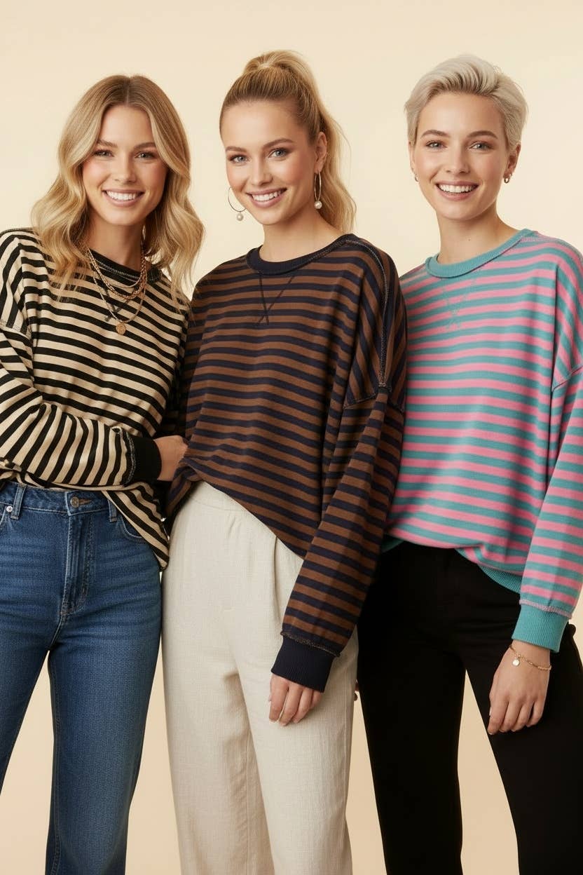 Striped Drop-Shoulder Pullover Sweatshirt