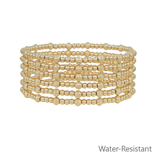 Water Resistant Set of 6 4MM and 3MM Gold Beaded Stretch Bracelets