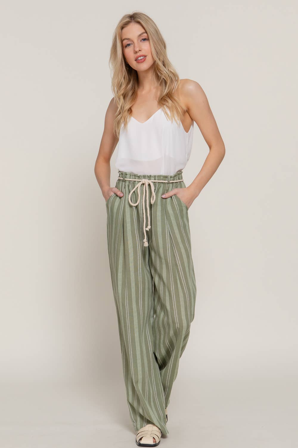 Robe Belt Stripe Print Linen Effect Pants
