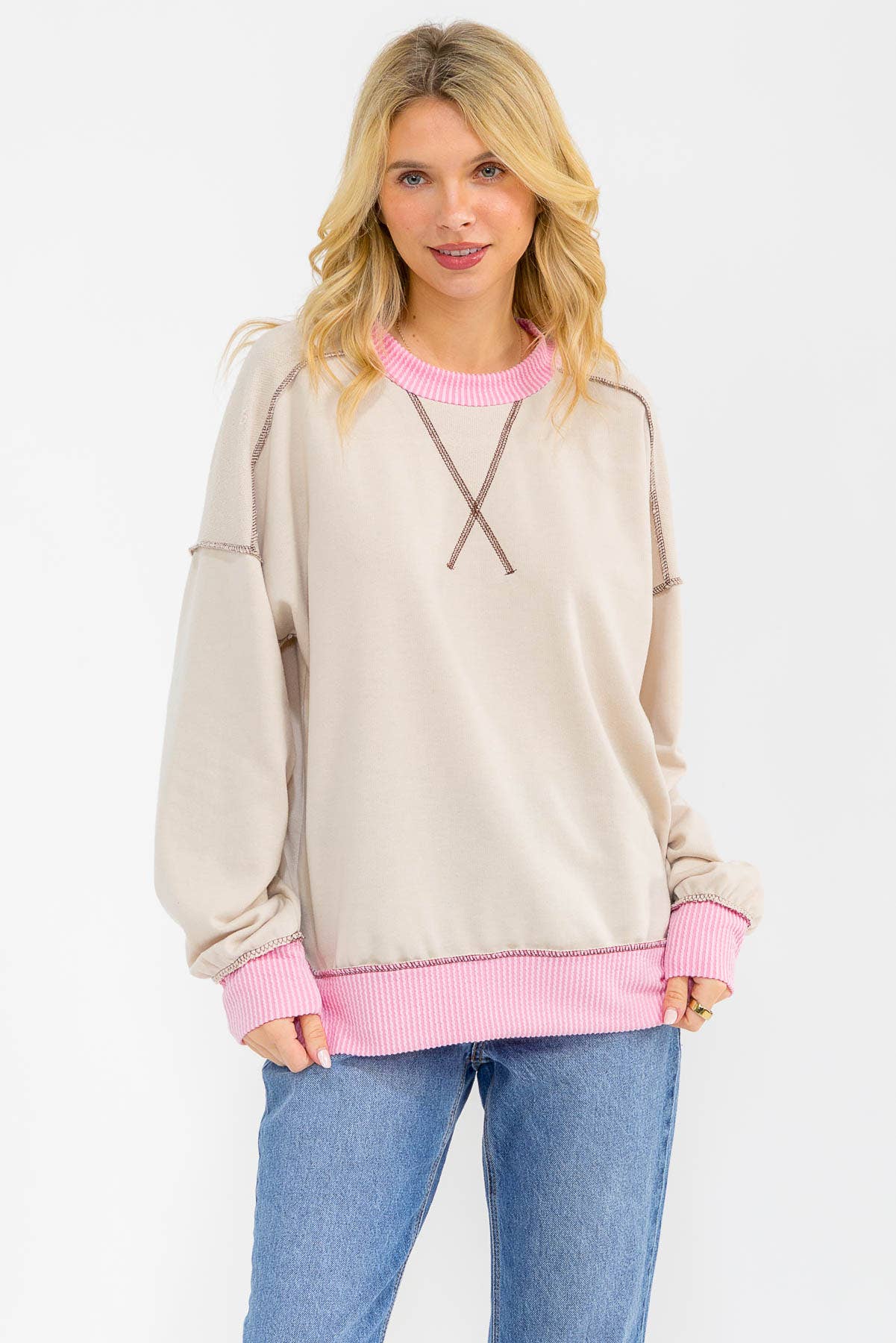 Contrast Trim Exposed Seam Sweatshirt