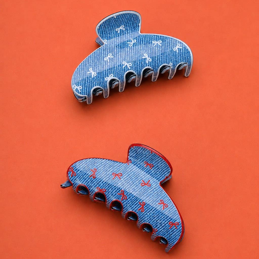 Denim Bow Print Oval Hair Claw Clip