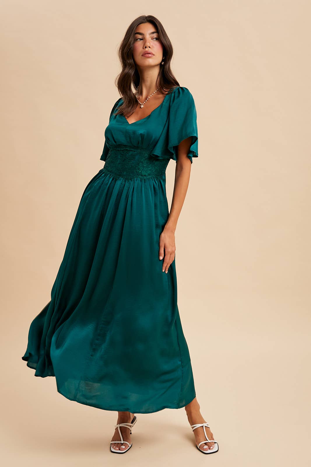 Emerald Satin Lace Maxi Dress
