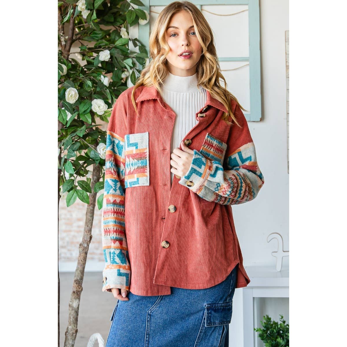 Contrast Pattern Corduroy Shacket