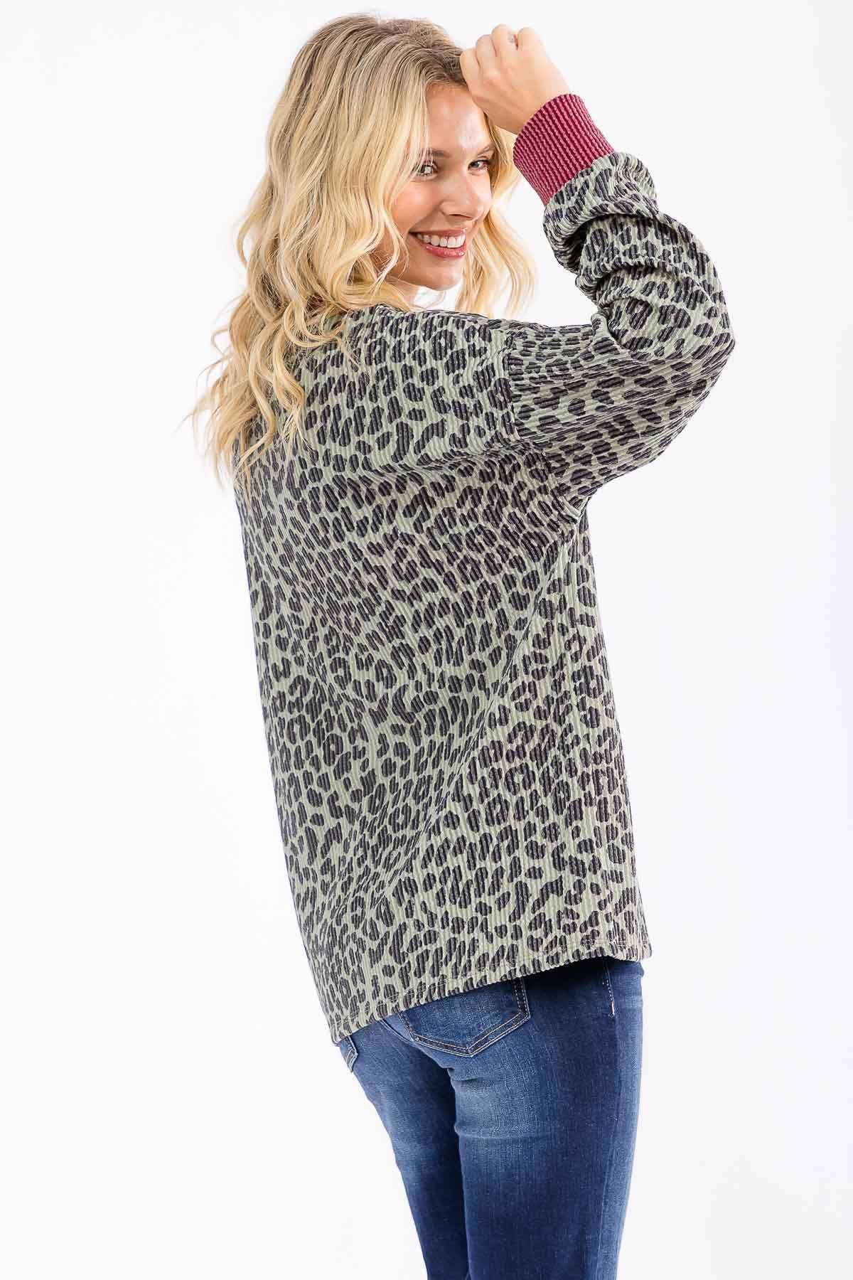 Ribbed Animal Print Long Sleeve Top