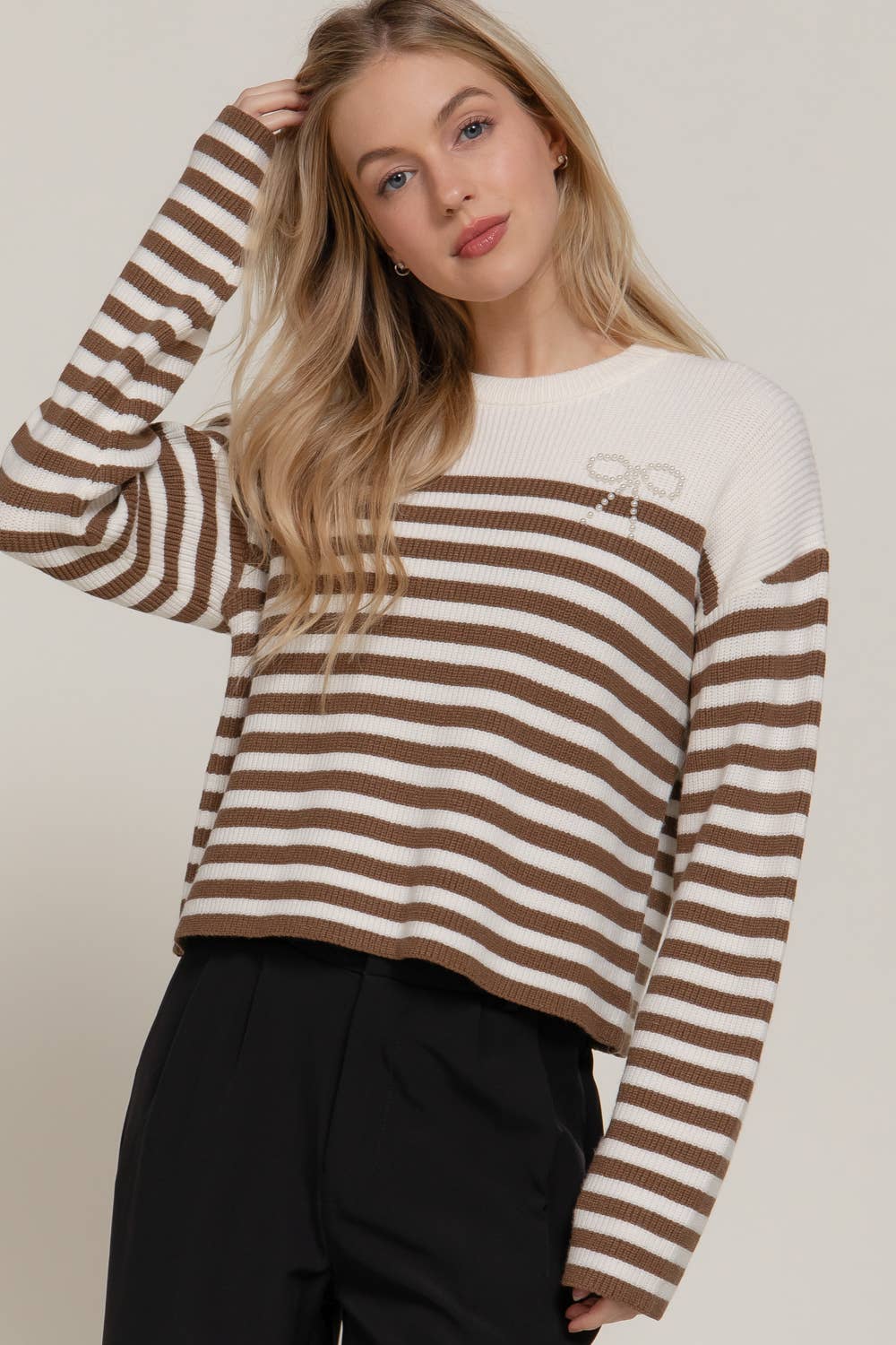 Pearl Bow Striped Sweater