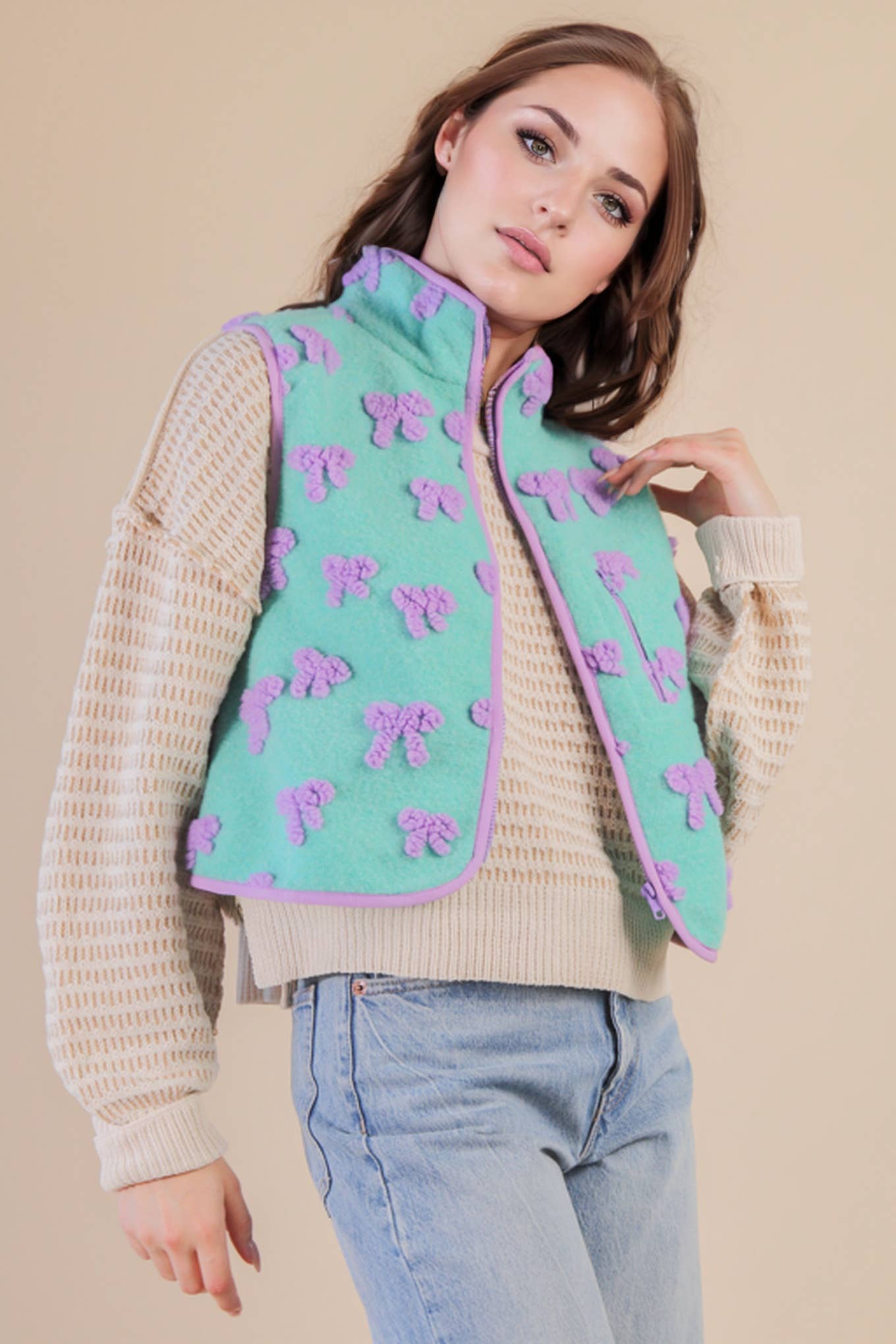 Textured Bow & Floral Printed Vest