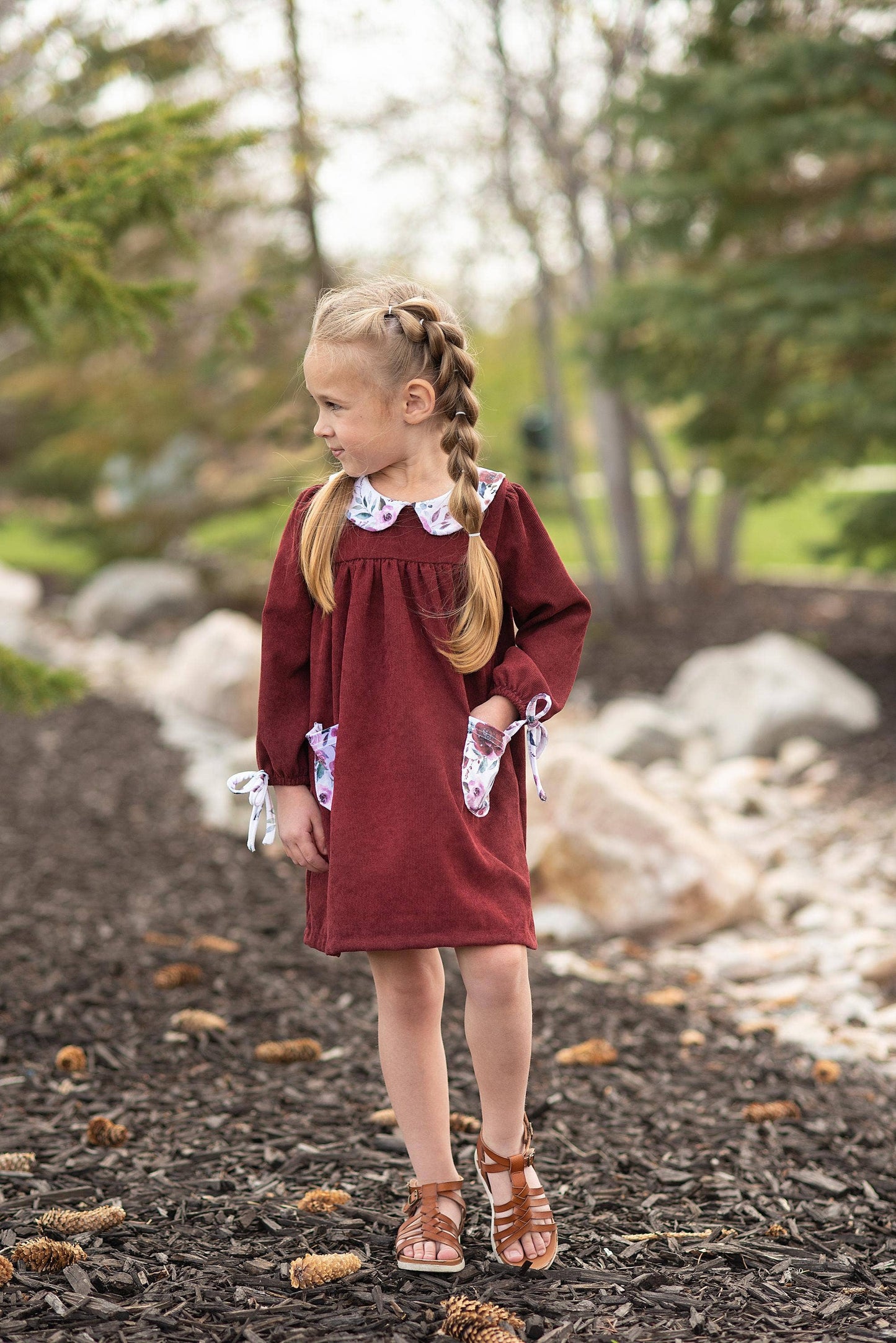 Kids Wine Burgundy Corduroy Pocket Bow Fall Winter Dress