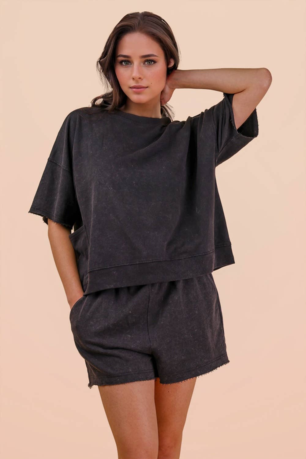 Mineral Washed Knit Casual Top & Shorts