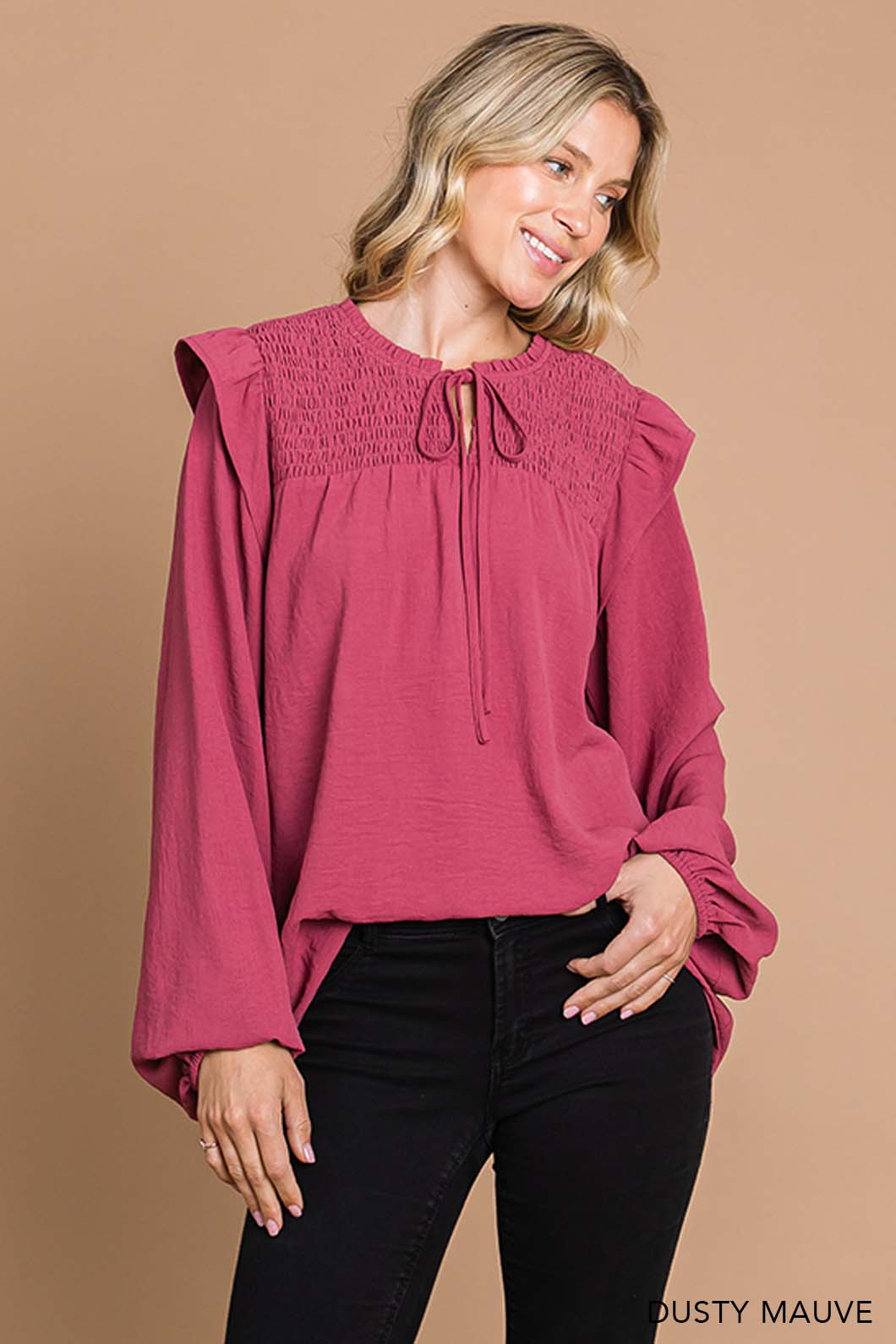 Smocking Detailed Ruffle Shoulder Top