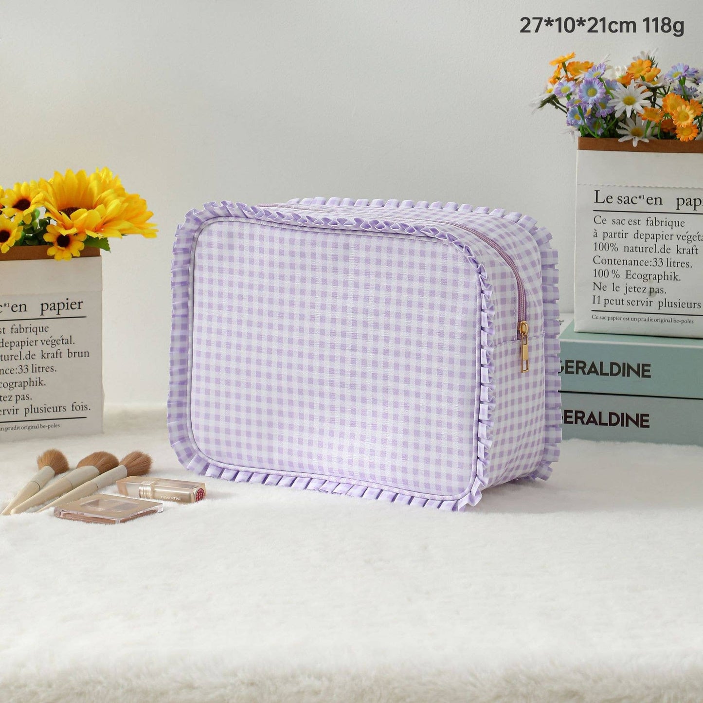 Gingham Ruffle Cosmetic Bag