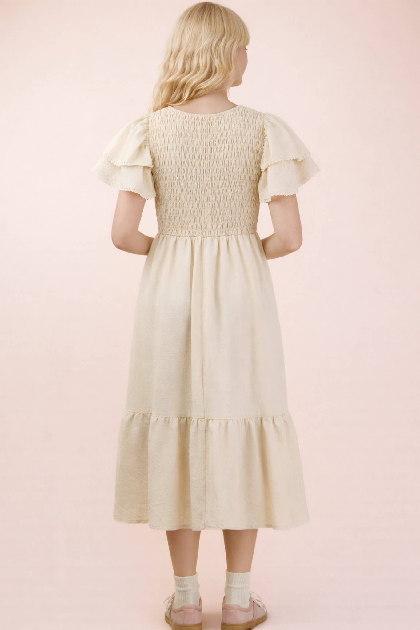 Smocked Ruffle Sleeve Midi Dress