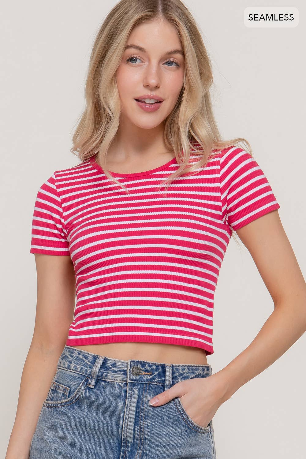 Short Sleeve Crew Neck Stripe Rib Knit Top