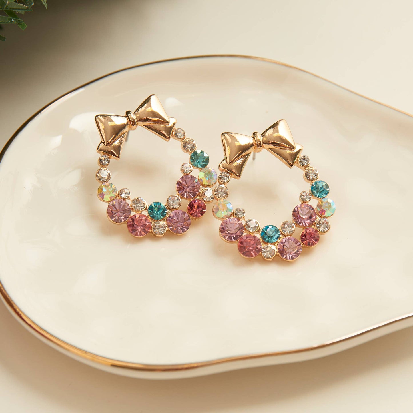 Holiday Pastel Christmas Wreath Drop Earrings