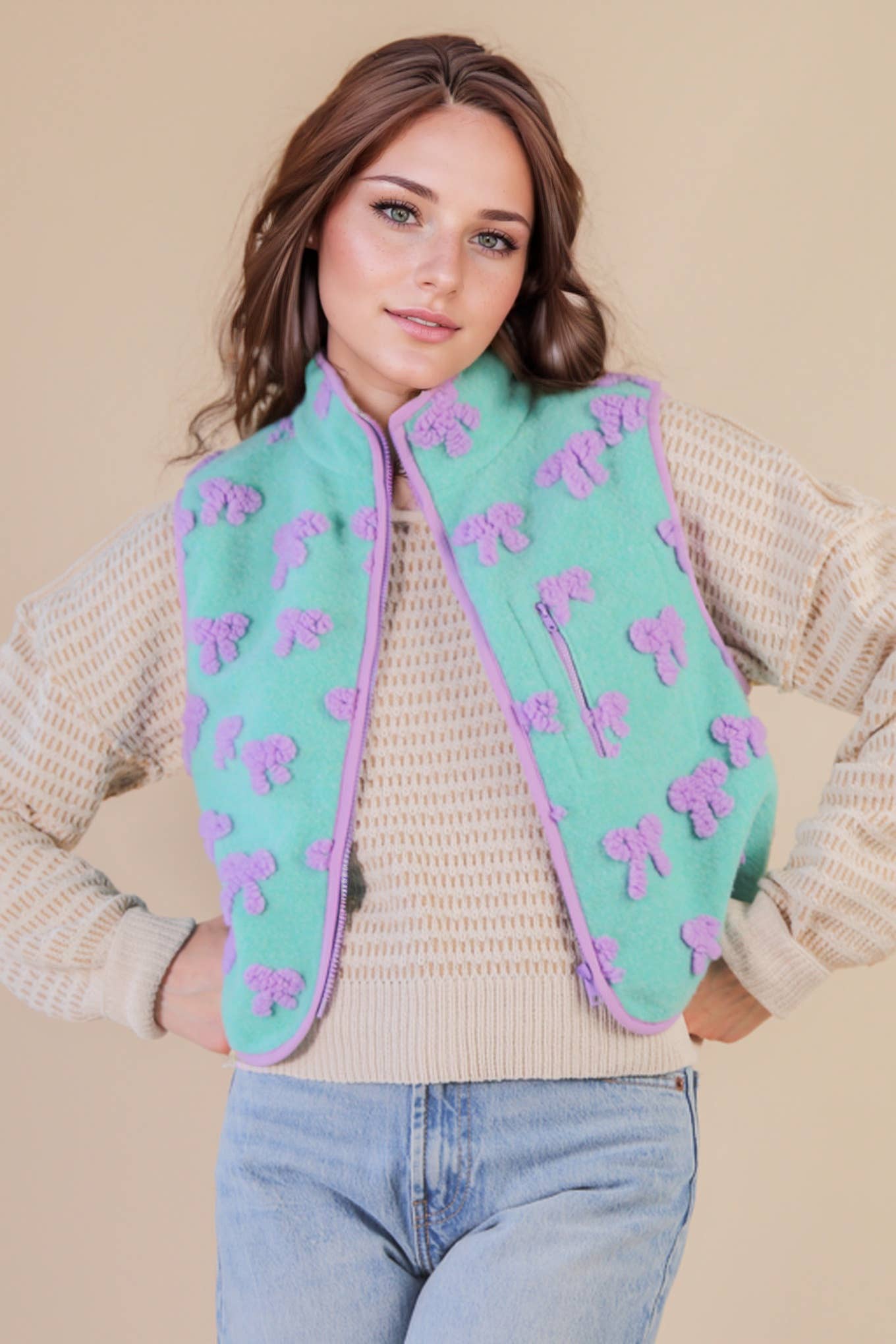 Textured Bow & Floral Printed Vest