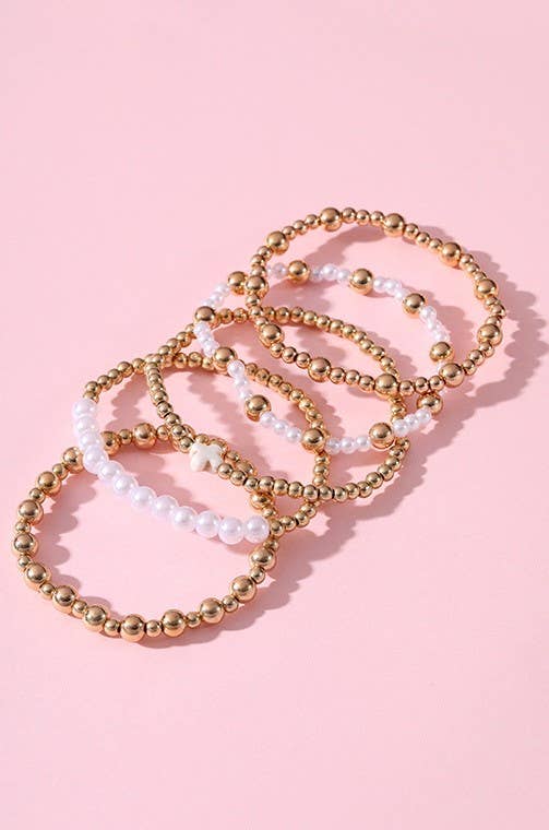 Pearl & Cross Chain Stretch Bracelet Set