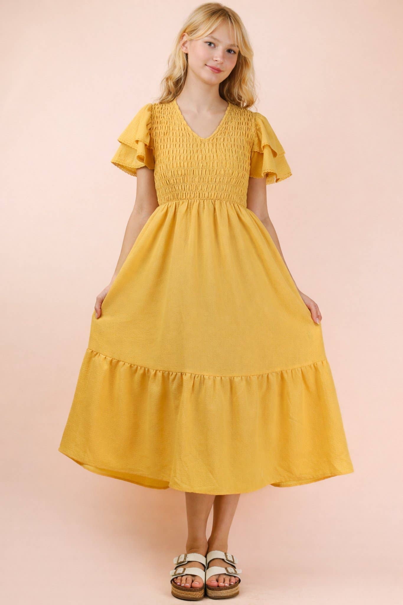 Smocked Ruffle Sleeve Midi Dress