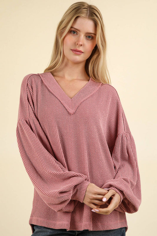 Ribbed V-Neck Knit Top