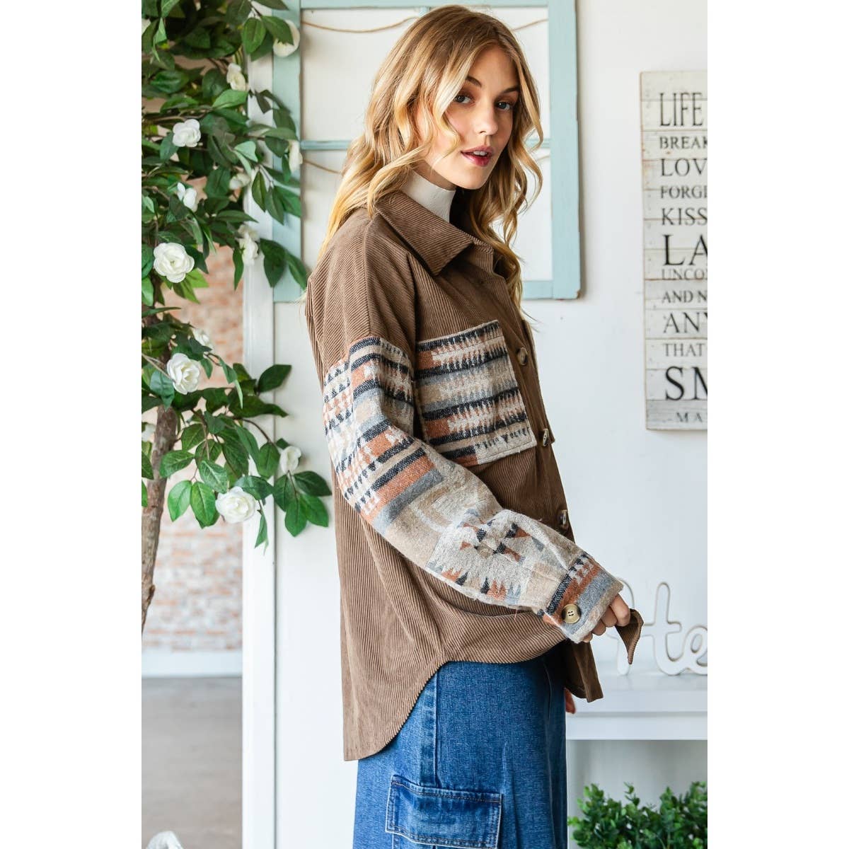 Contrast Pattern Corduroy Shacket