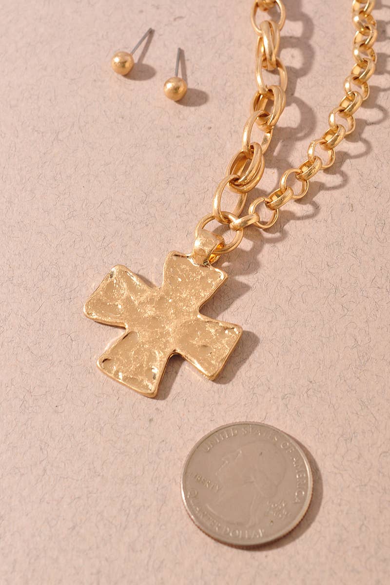 Cross Layered Toggle Long Necklace Earring Set