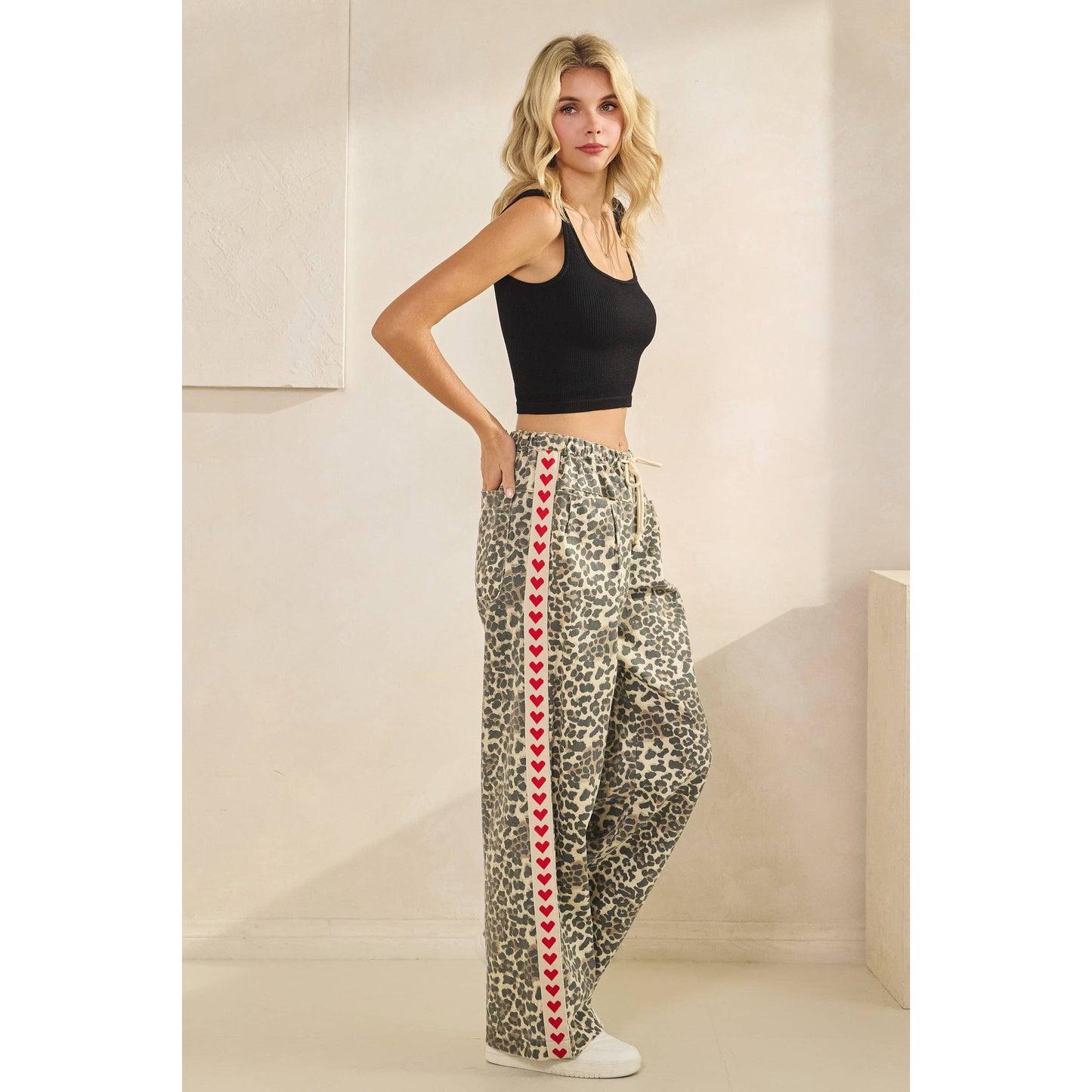 Leopard Printed Striped Wide Legged Pants