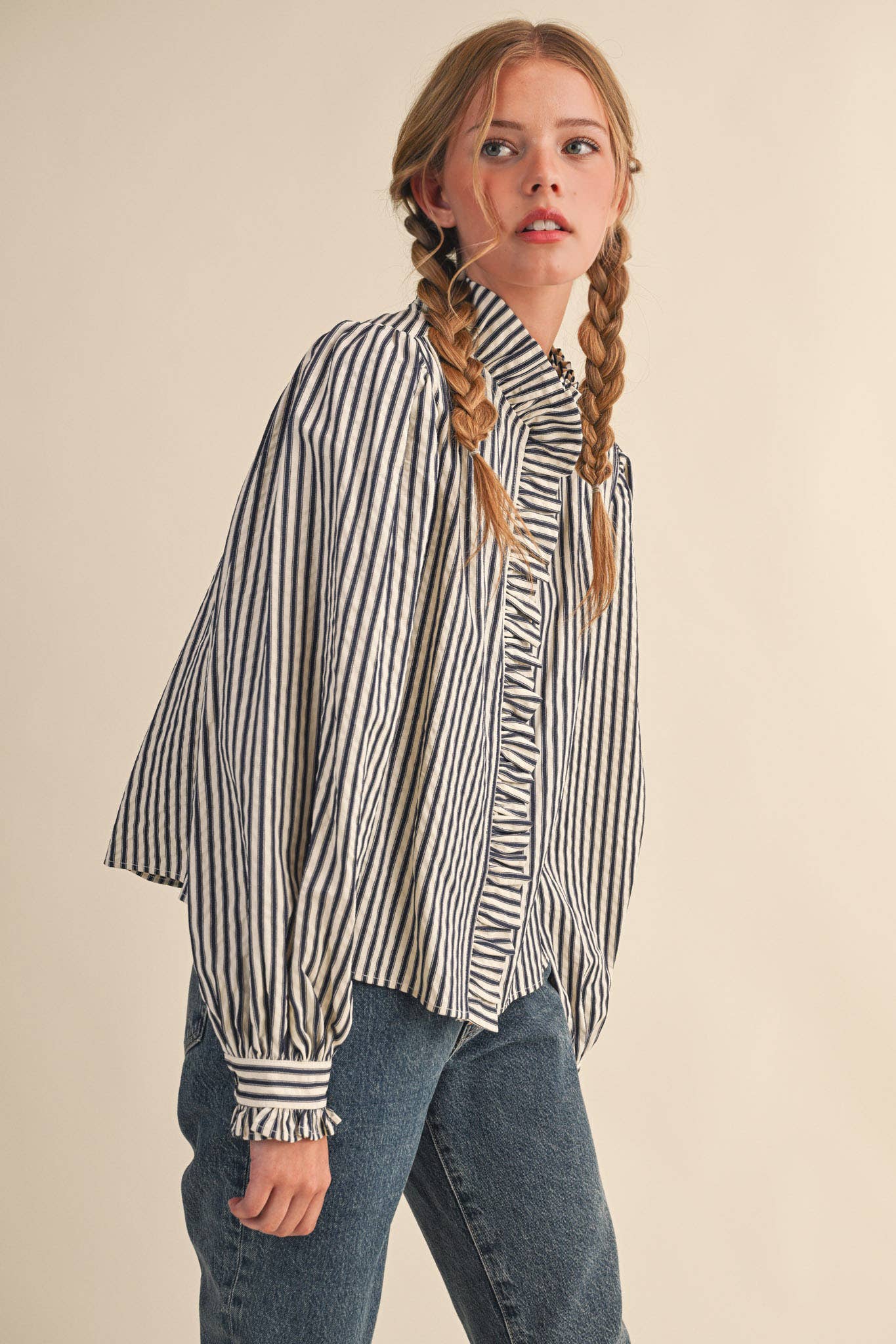 Ruffle Striped Long Sleeve Top