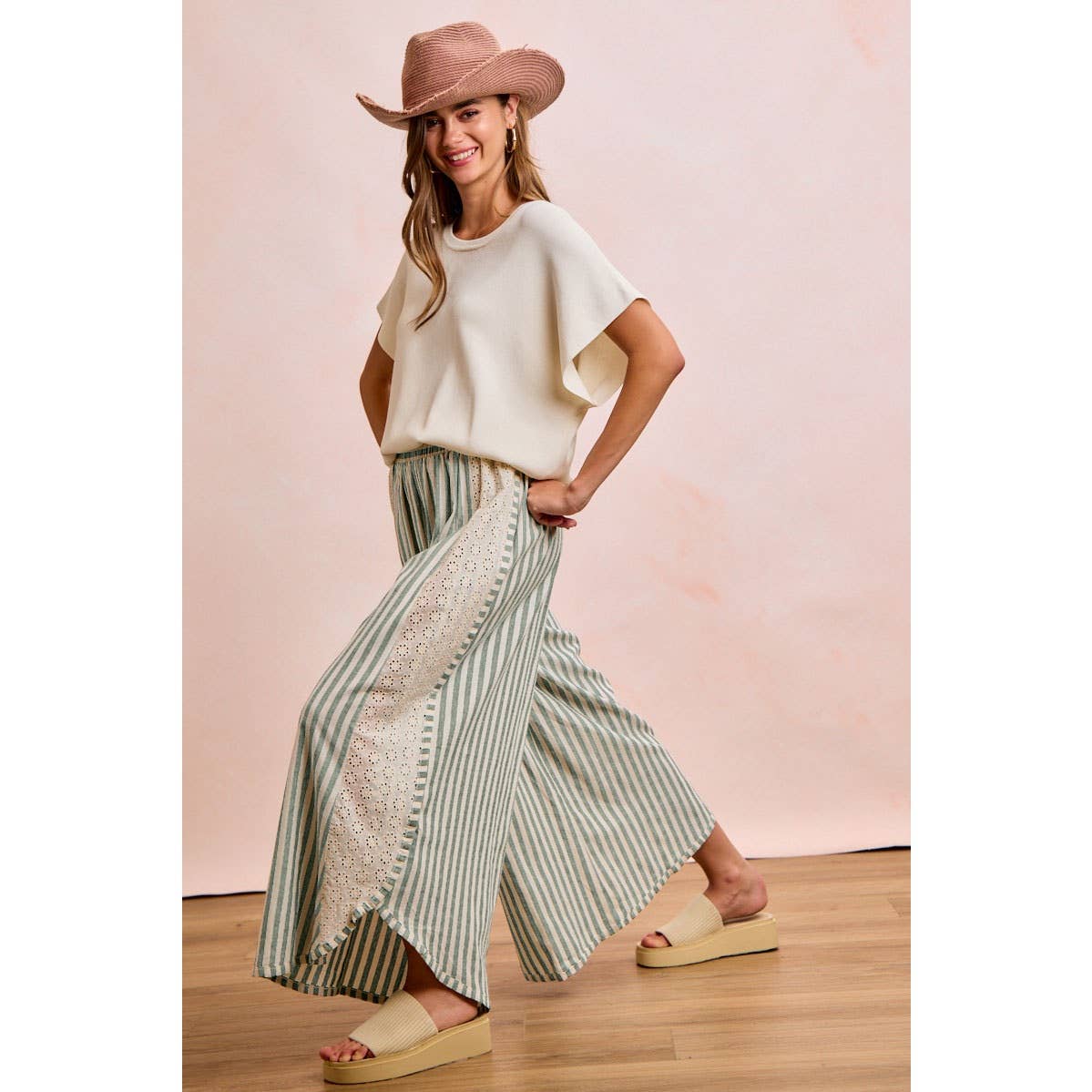 Floral Eyelet Wide Leg Pants
