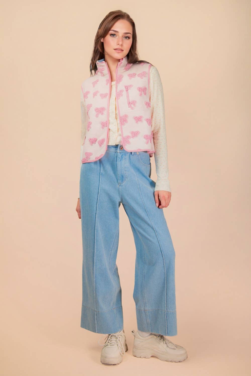 Textured Bow & Floral Printed Vest