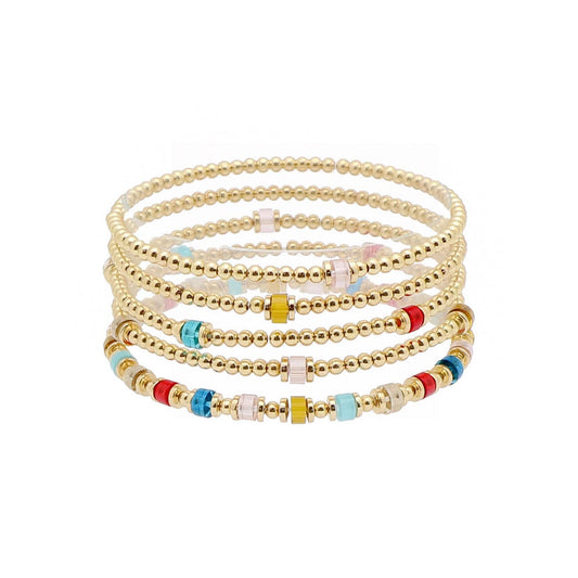 Multi Crystal Beaded and 2mm Gold CCB Beaded Set of 5 Stretch Bracelets