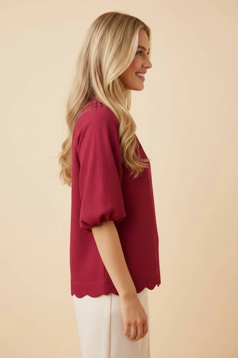 Scalloped Hem Bubble Sleeve Textured Blouse