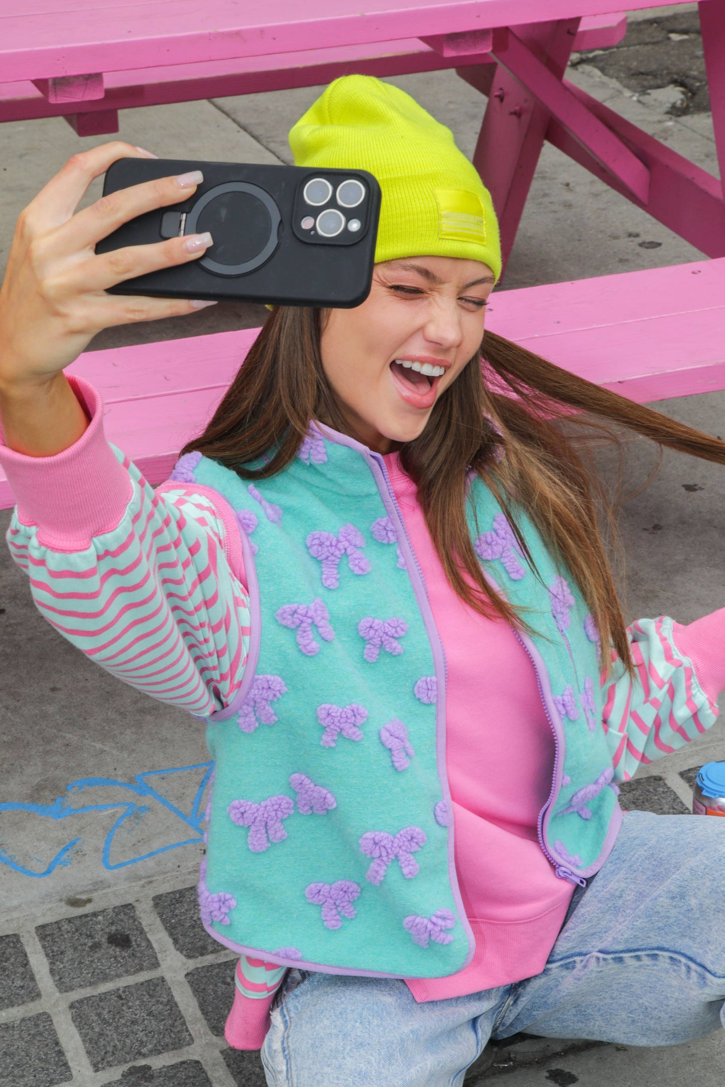 Textured Bow & Floral Printed Vest