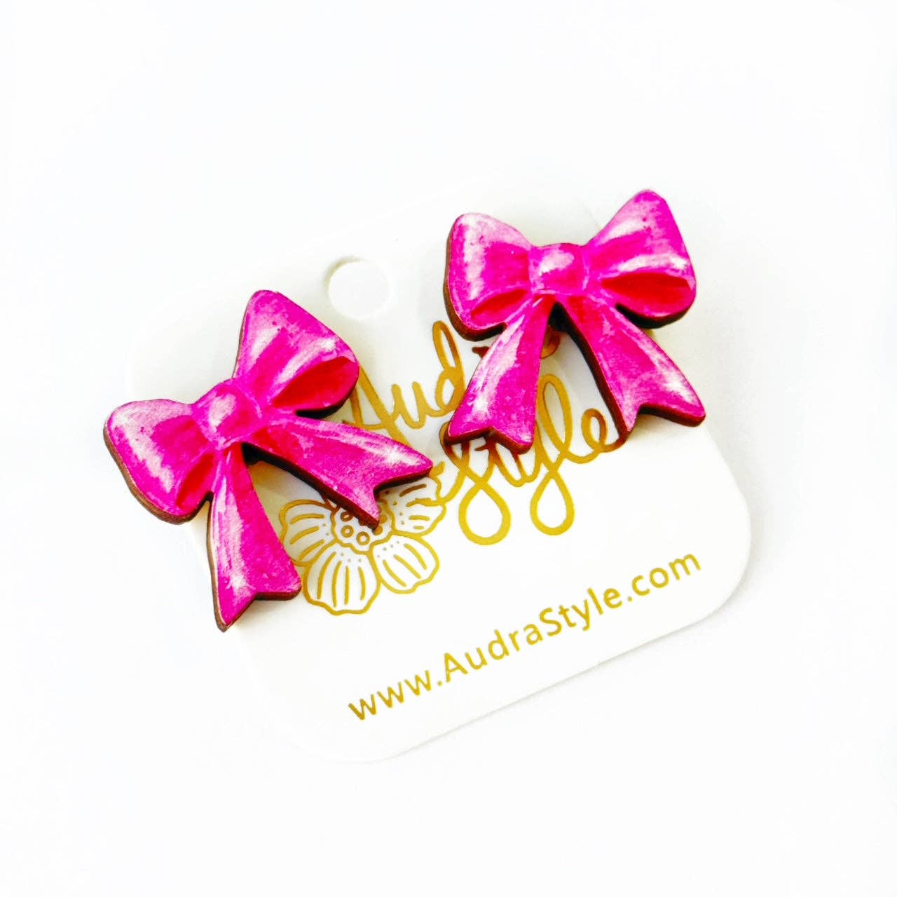 Heart Stud Earrings - Pink Bow