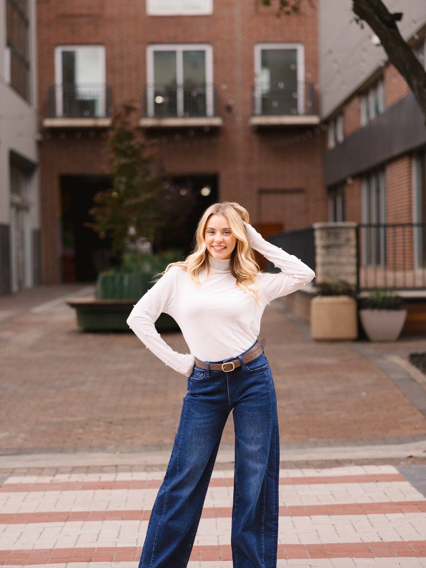 Mock Neck Mesh Top with Pearl Detail, White