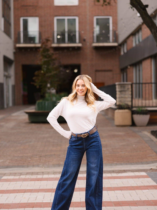 Mock Neck Mesh Top with Pearl Detail, White