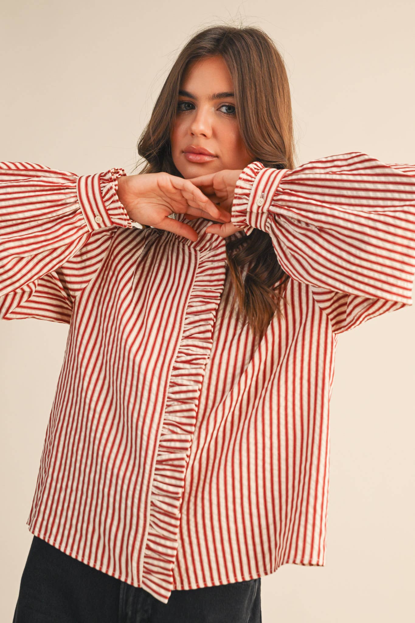 Ruffle Striped Long Sleeve Top
