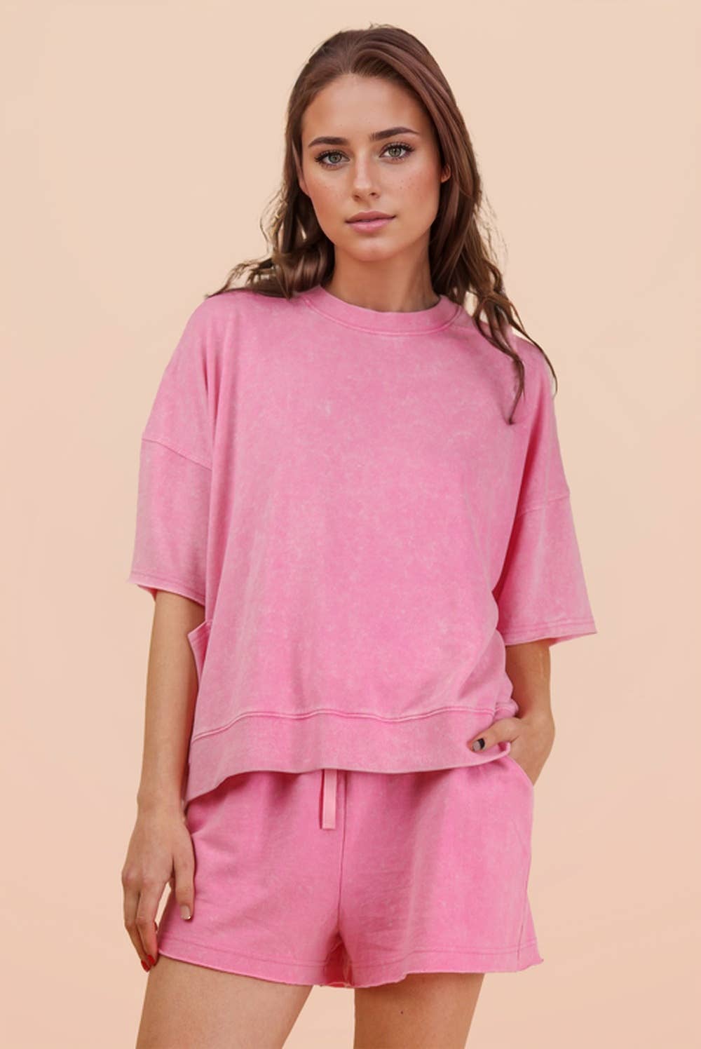 Mineral Washed Knit Casual Top & Shorts