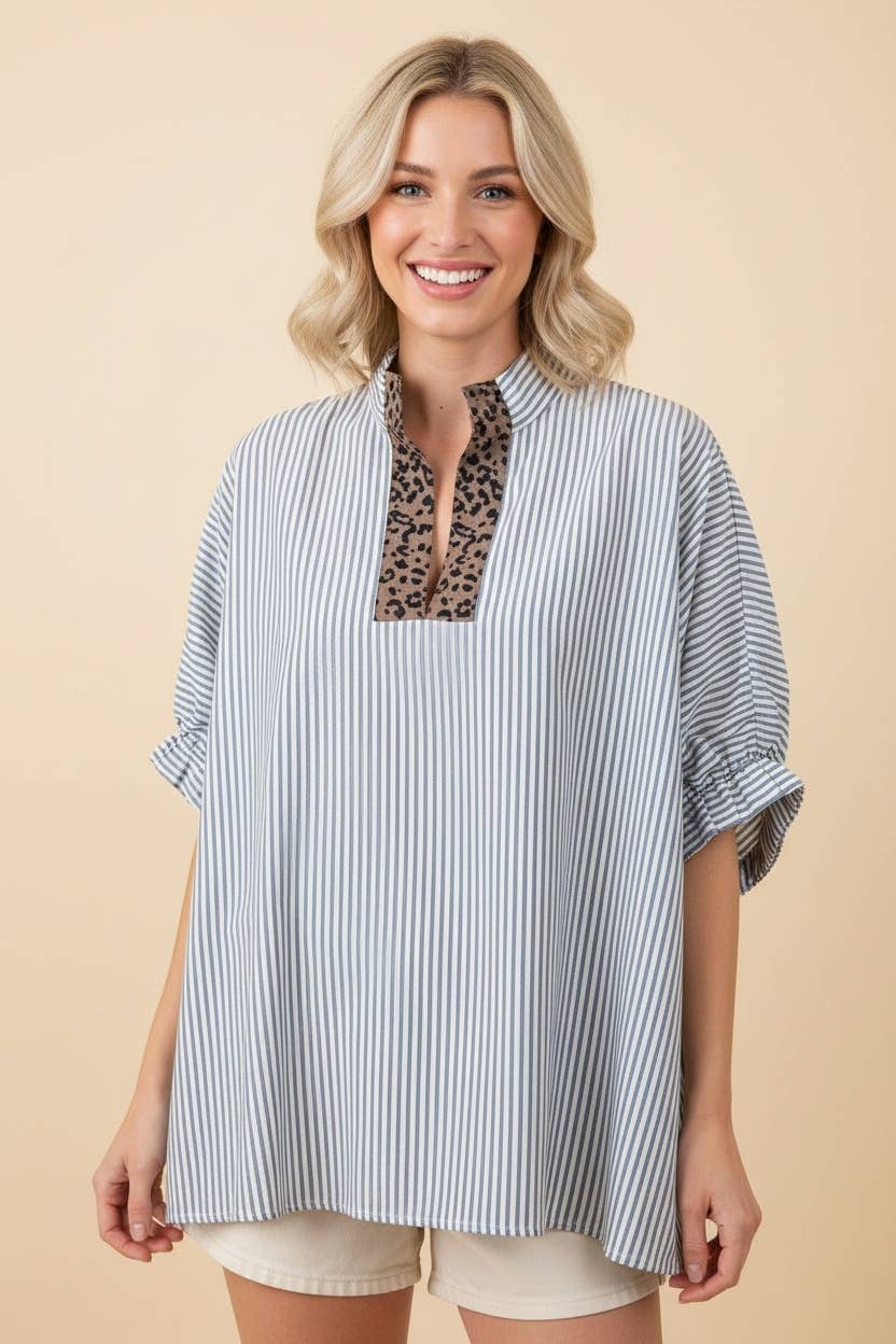Striped Oversized Split Neck Short Sleeve Top