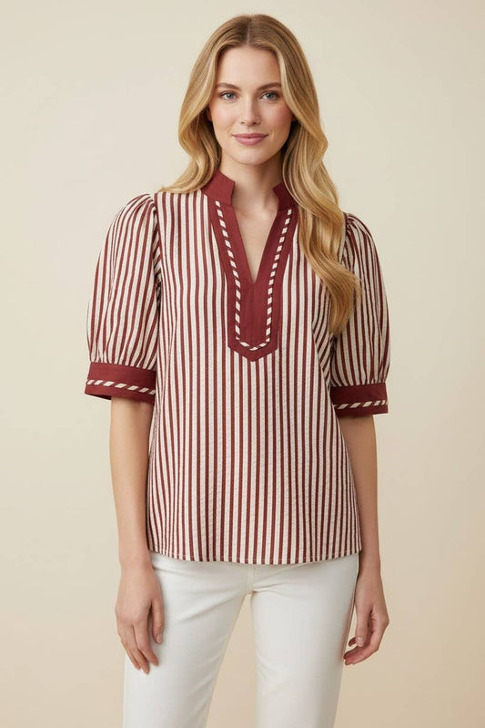 Contrast Trim Stripe Puff Sleeve Blouse