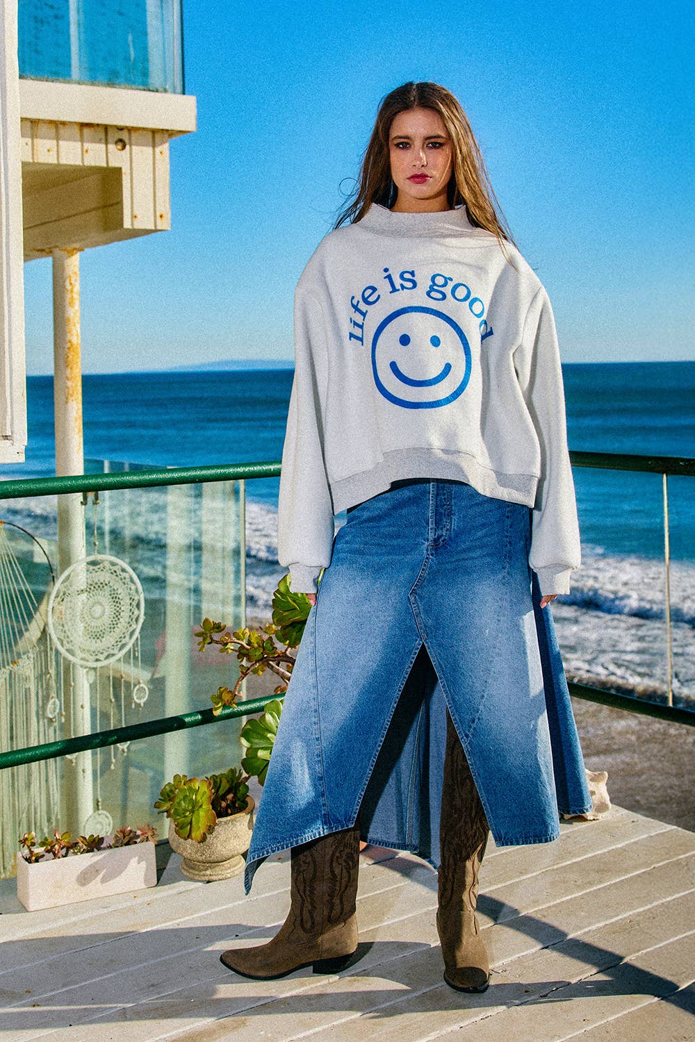 You Are Exactly Where You Need To Be/Life Is Good Reversible Graphic Mock-Neck Crop Sweatshirt