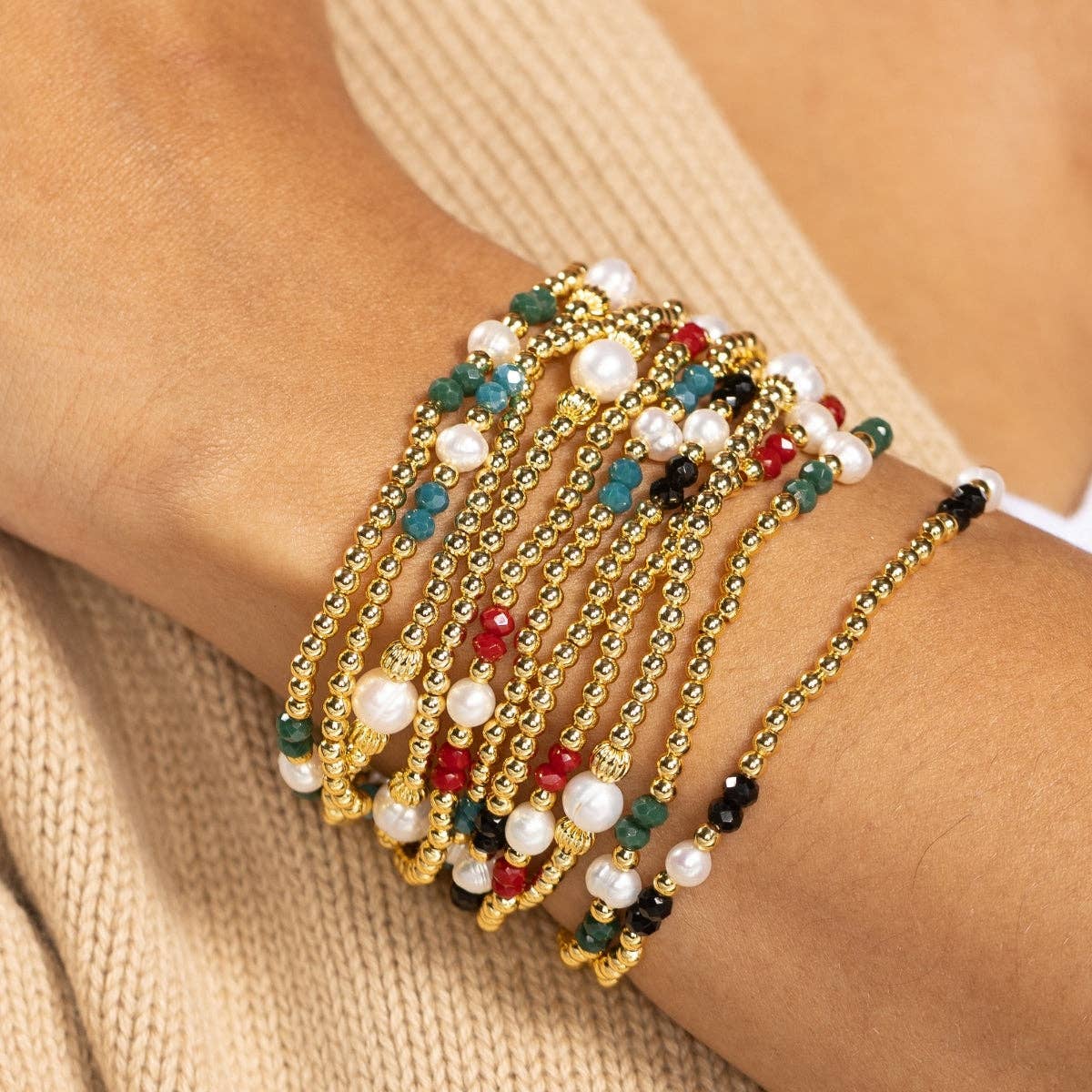 Assorted 3mm Beaded Crystal & Pearl Stretch Bracelets