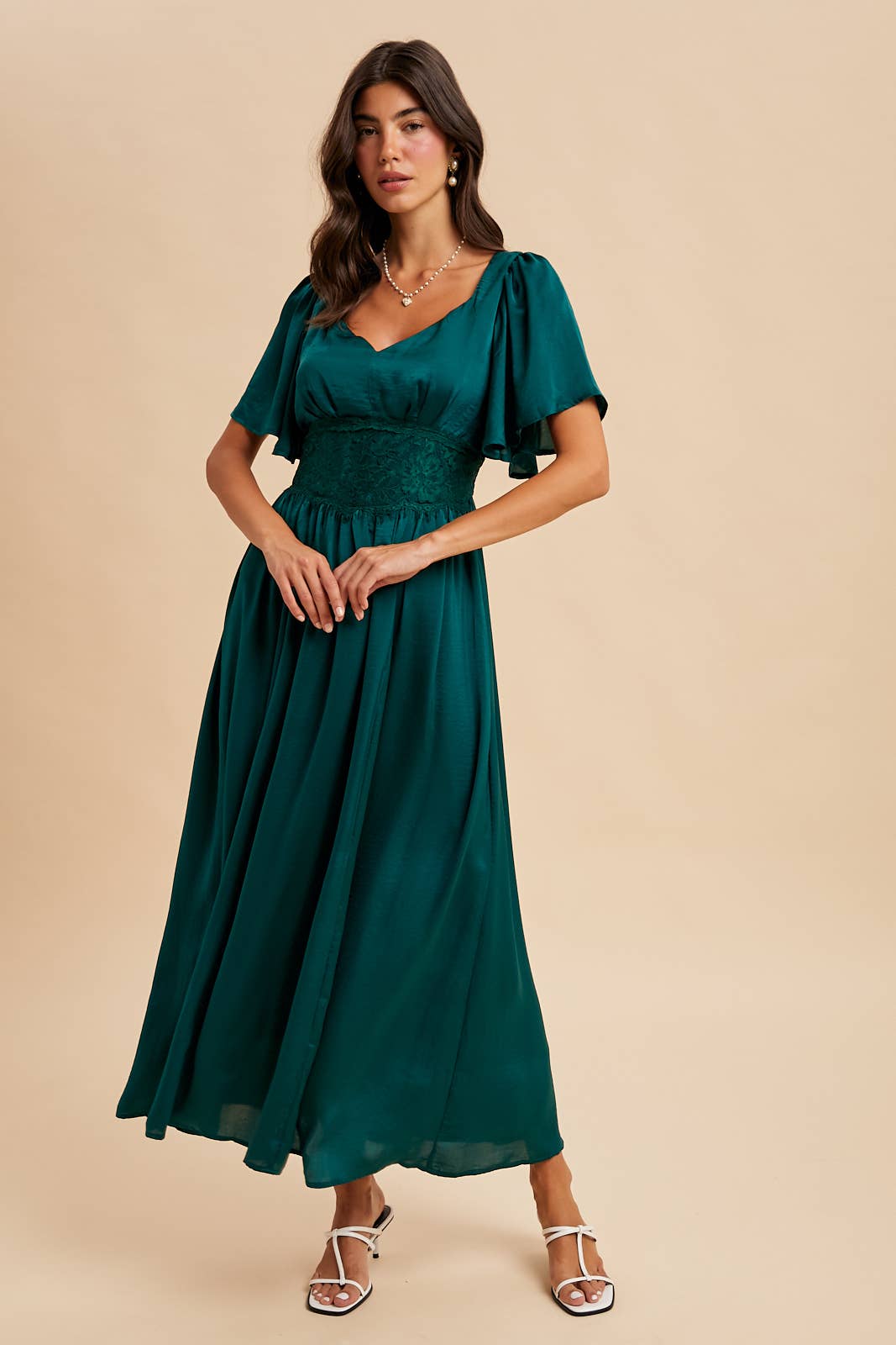 Emerald Satin Lace Maxi Dress