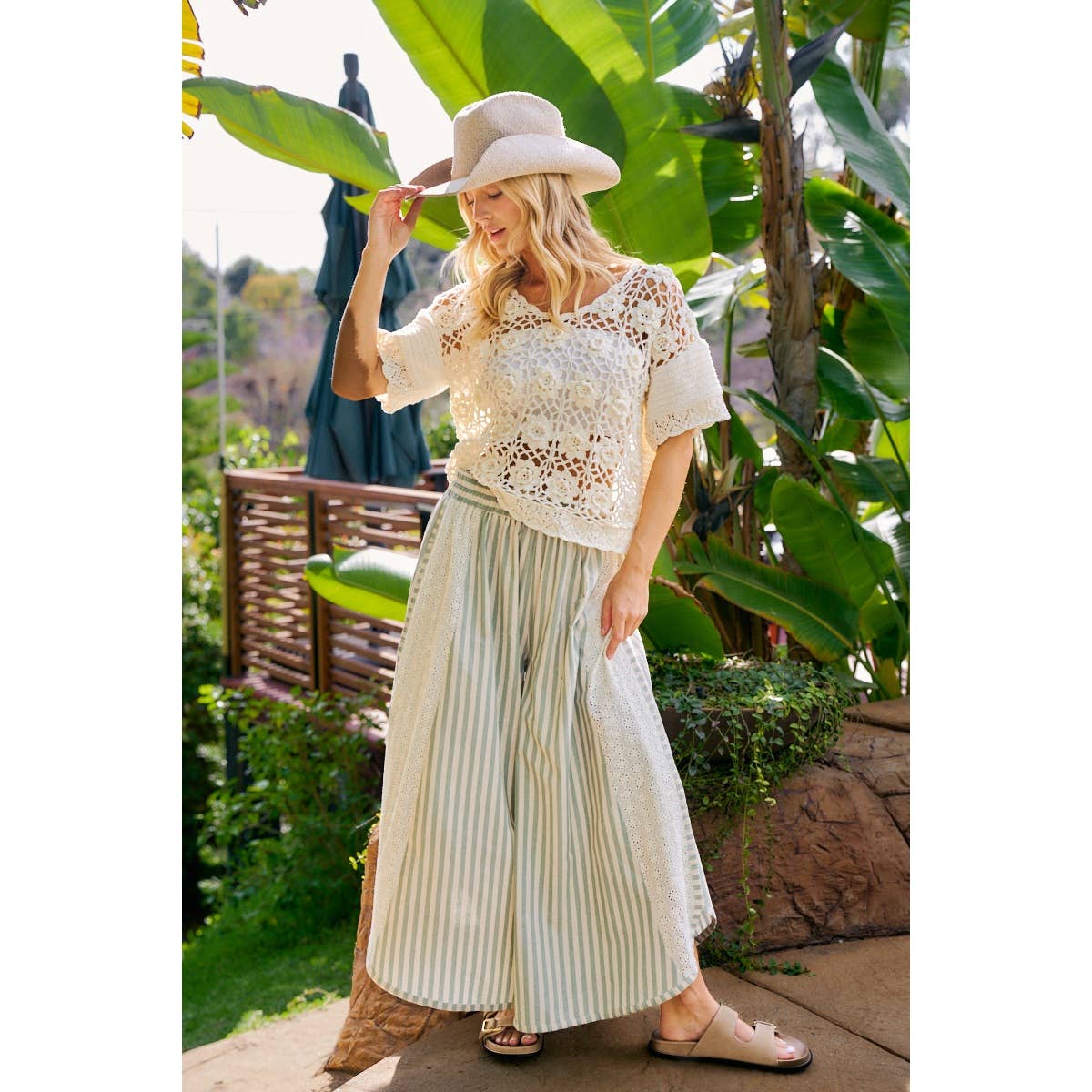 Floral Eyelet Wide Leg Pants